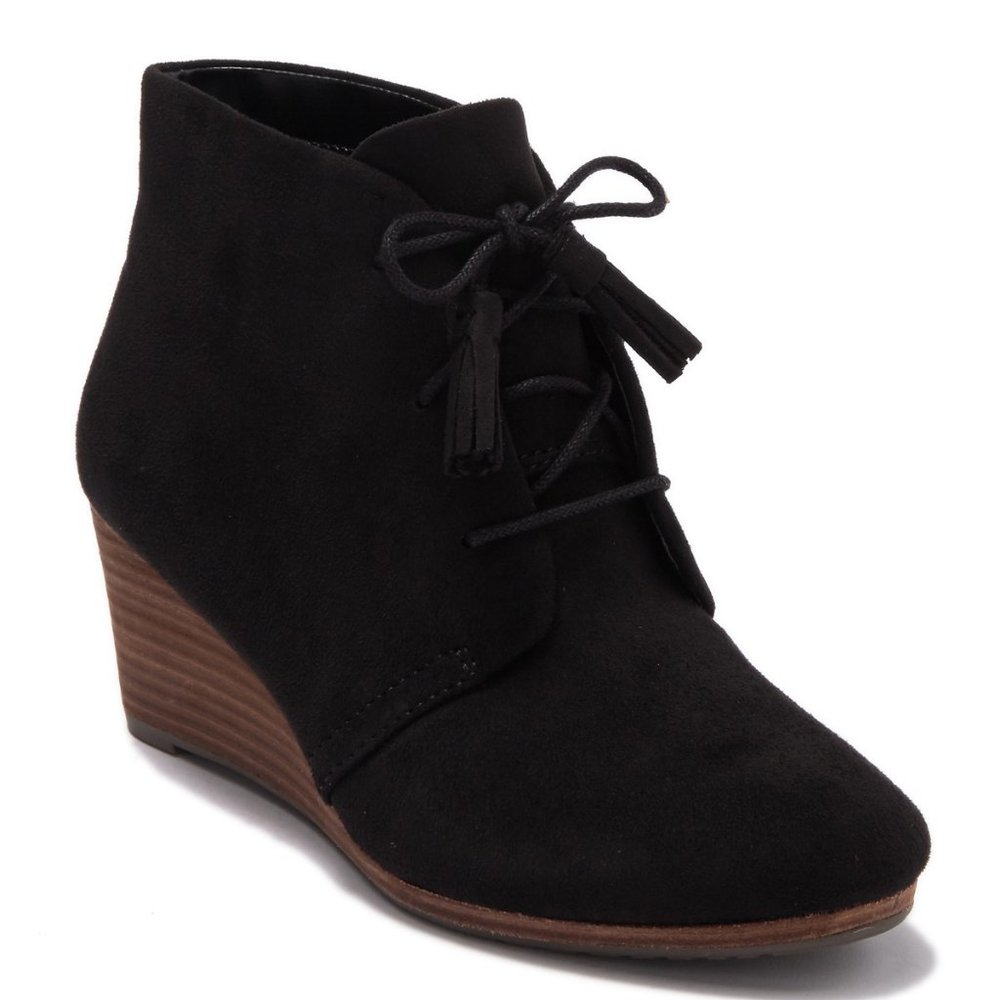 DR. SCHOLL'S Black Suede Wedge Lace Up Booties